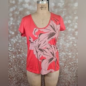 Calvin Klein Size L Floral Coral Short Sleeve Scoop Neck Tee